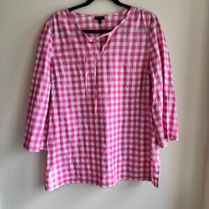 Talbots Gingham Tunic Pink White Split Neck Side Slit 3/4 Sleeve Pullover Sz L